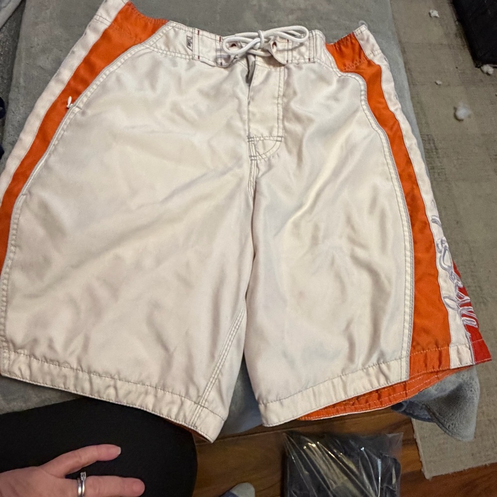 American Eagle Mens Swim Trunks Board Shorts Size 34 Orange White Drawstring